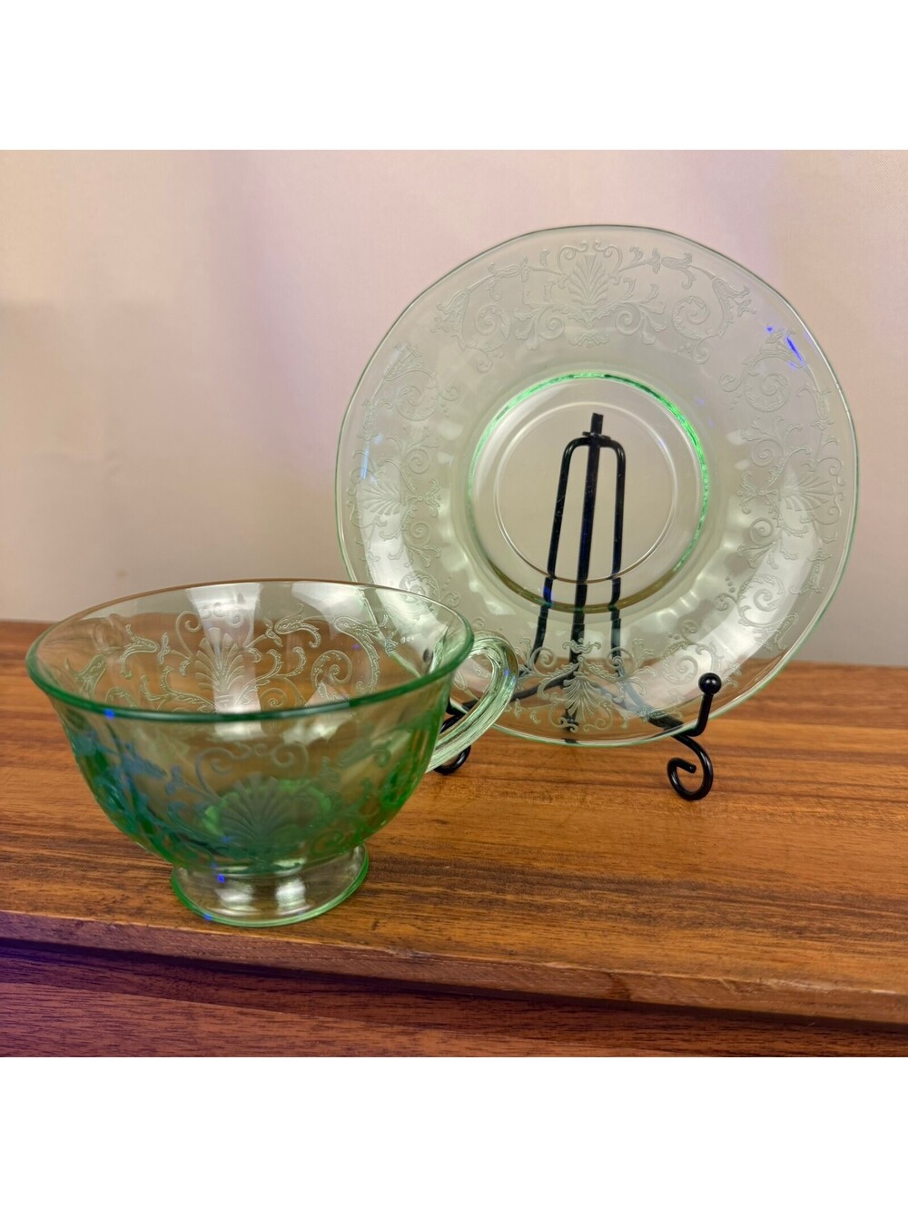 Fostoria Versailles Green Uranium Depression Glass Etched Coffee cup/ Saucer Set
